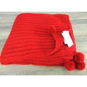 NEW Chunky Cable Knit POM POM THROW BLANKET Red 50x60" Cozy by Peking Handicraft